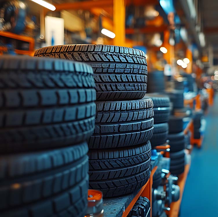 Stacks of new car tires in a well-organized automotive parts warehouse